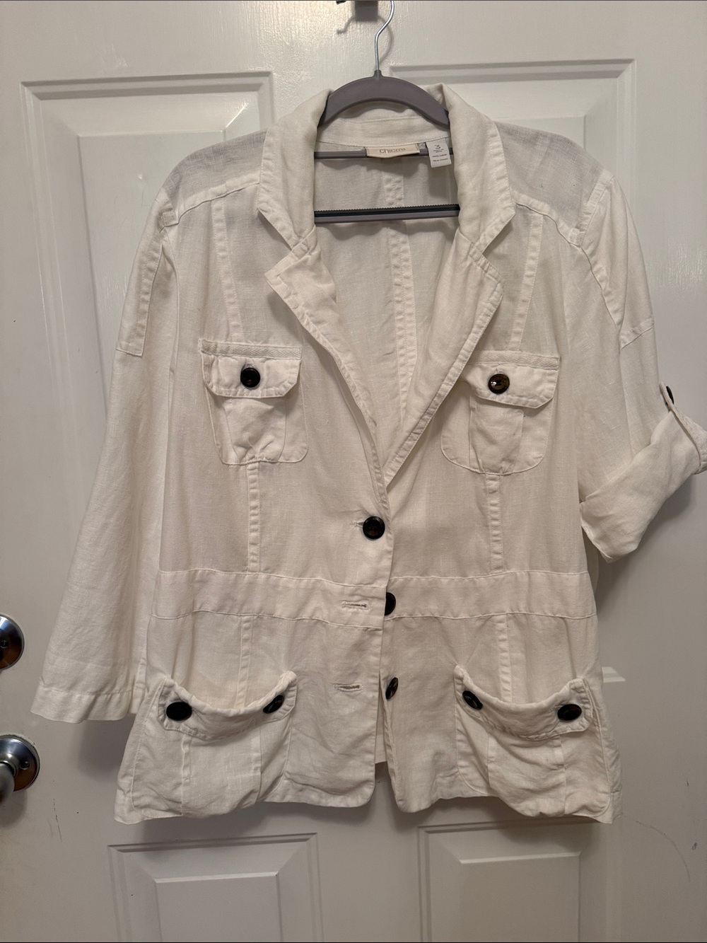 Chico’s White Lightweight Linen Women's Utility Blazer Jacket 3 equivalent XL